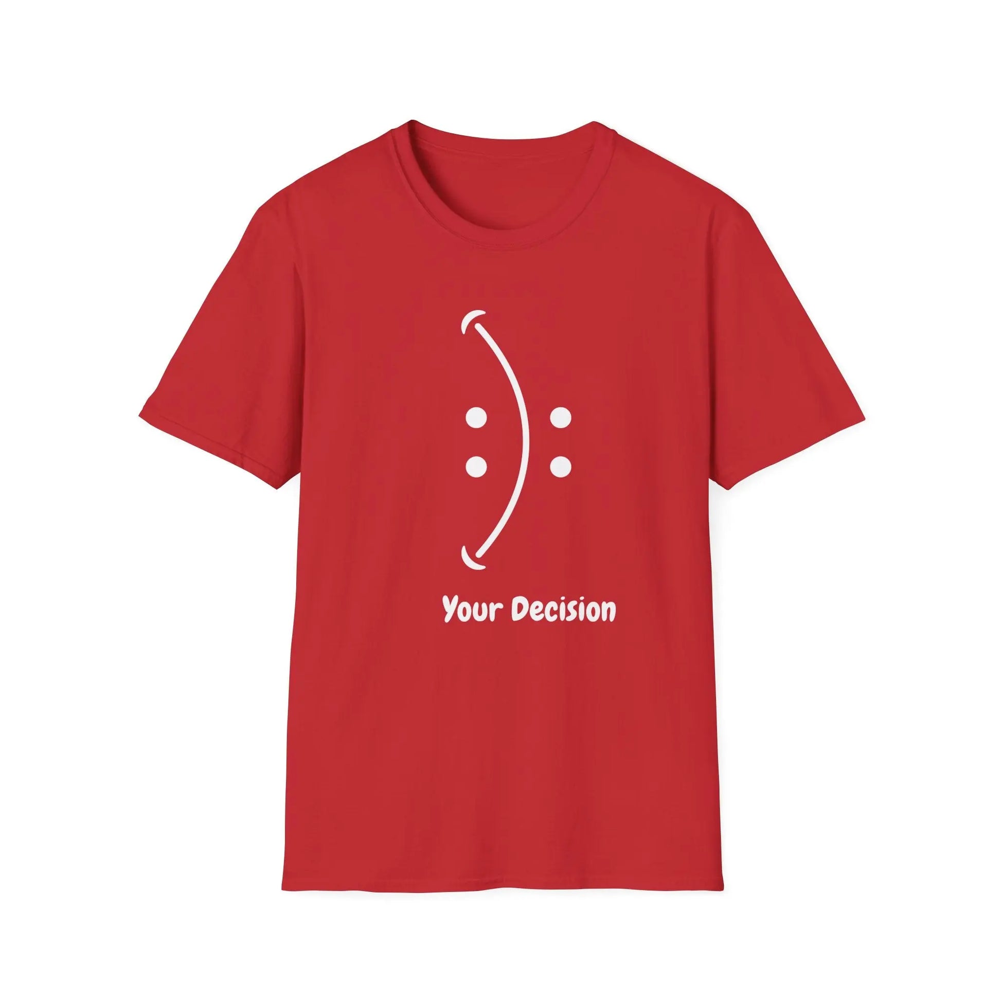 Teerio red inspirational shirt for men and women with Your Decision smiley face design