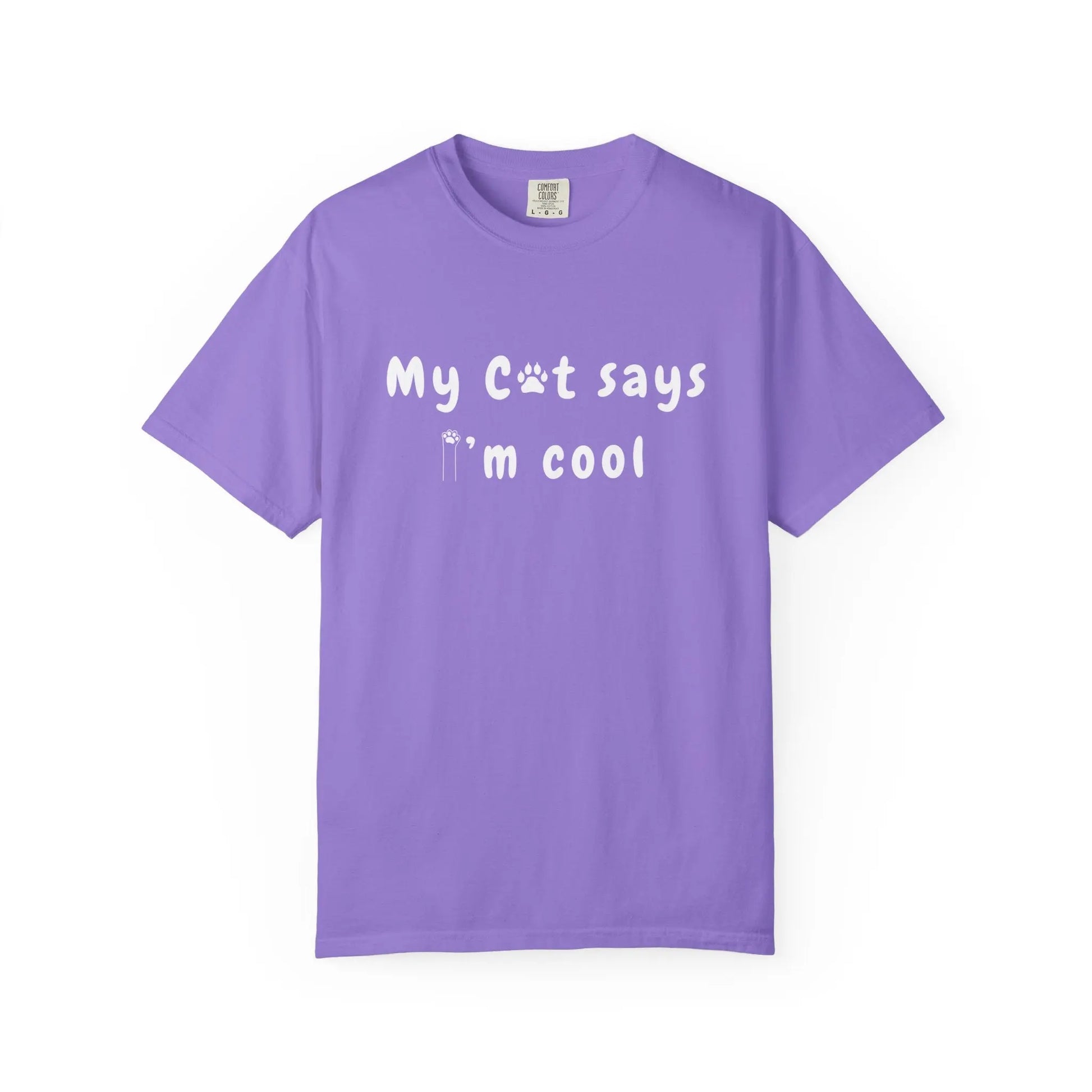 Purple Teerio t-shirt with white text my cat says I'm cool shirt printed on front