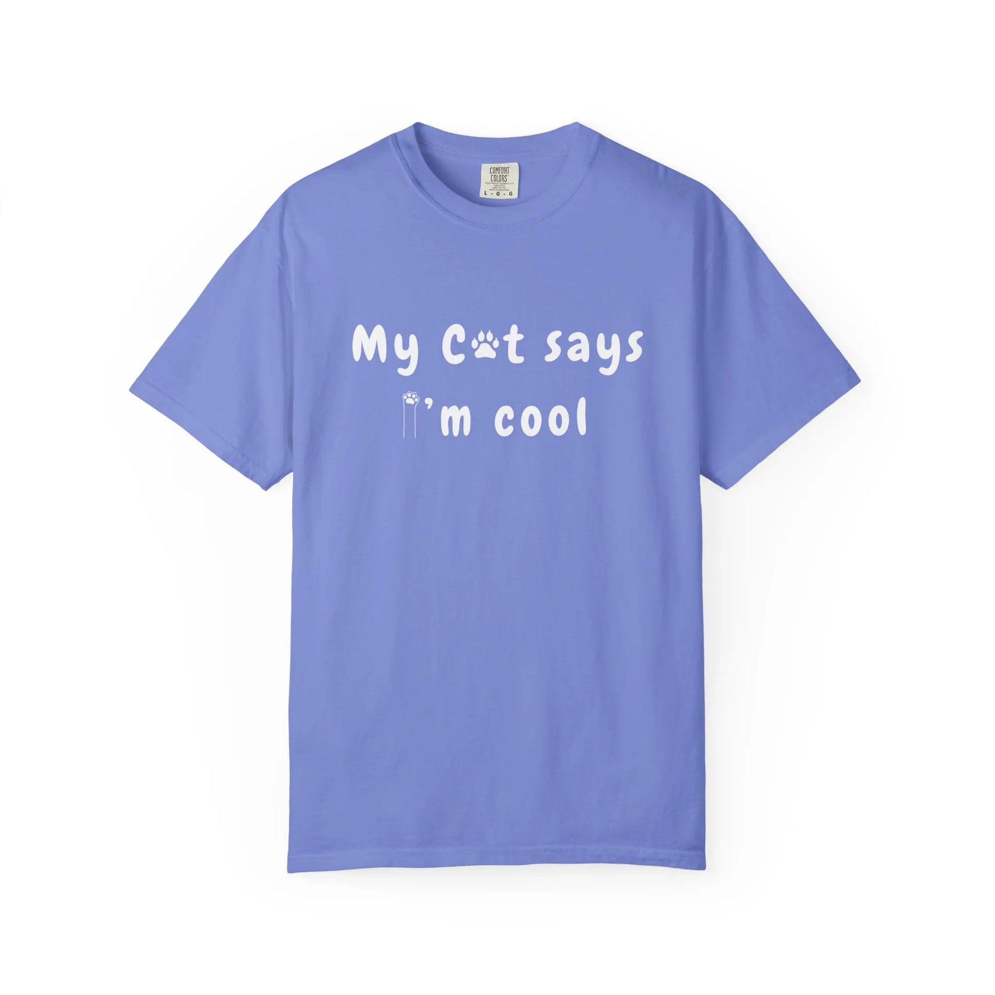 Teerio blue t-shirt with white text saying my cat says I'm cool shirt in playful font